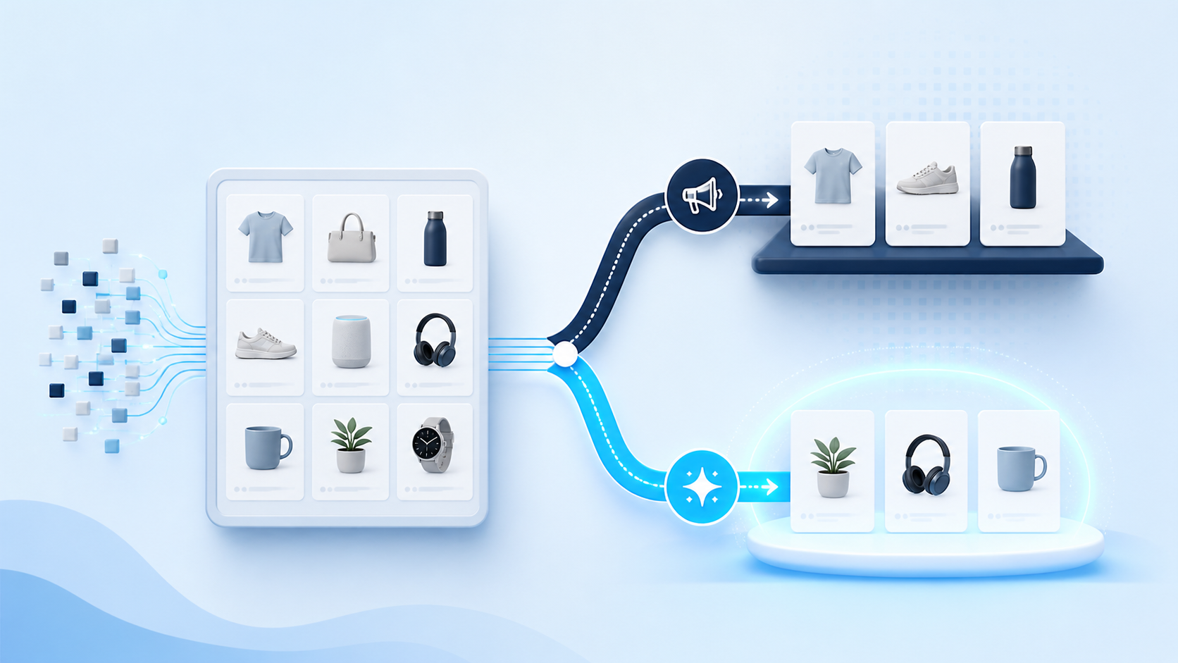 ChatGPT Product Feeds: Paid Ads vs Organic Discovery 1 Ecommerce catalogue branching into separate paid campaign and organic product discovery paths