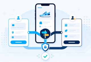 Illustration of a mobile checkout where a shopper can continue as a guest or choose an optional account, with a secure purchase path