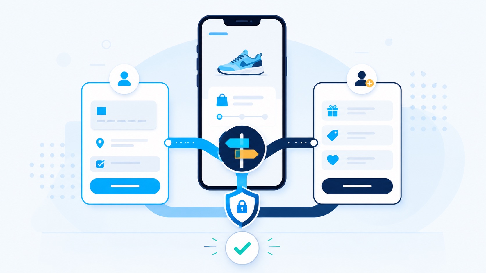 Illustration of a mobile checkout where a shopper can continue as a guest or choose an optional account, with a secure purchase path