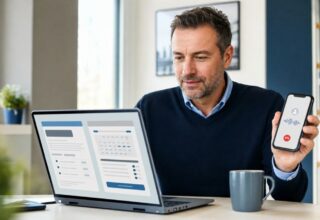 Local service business owner reviewing appointment availability on a website while handling a customer call