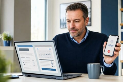Local service business owner reviewing appointment availability on a website while handling a customer call