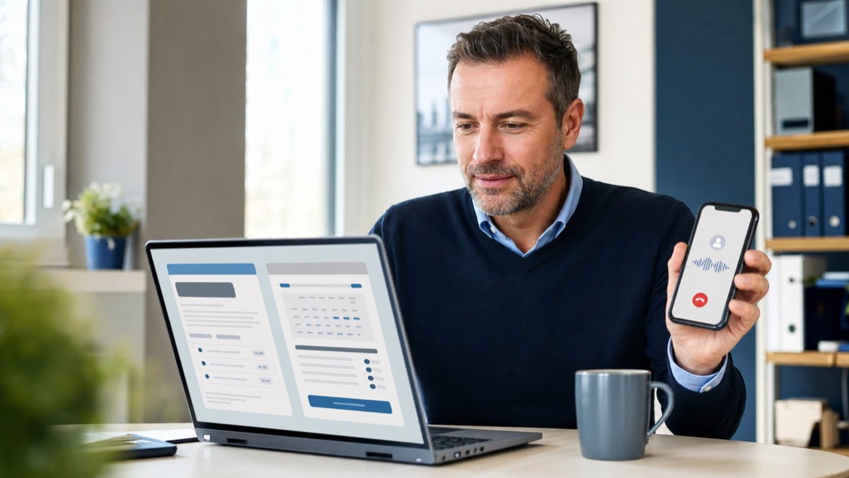 Local service business owner reviewing appointment availability on a website while handling a customer call