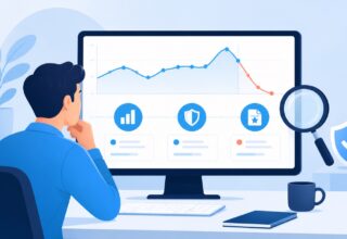 Website owner reviewing a search traffic trend with evidence, site health and content quality checkpoints