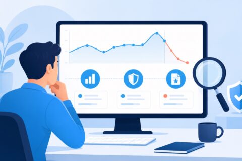 Website owner reviewing a search traffic trend with evidence, site health and content quality checkpoints