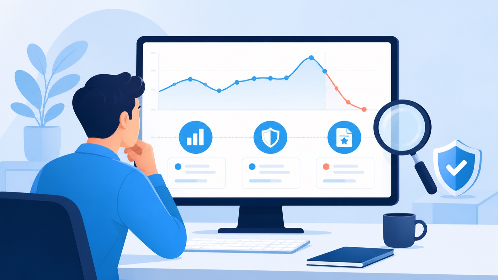 Google Spam Update: Check a Traffic Drop Before You React 1 Website owner reviewing a search traffic trend with evidence, site health and content quality checkpoints