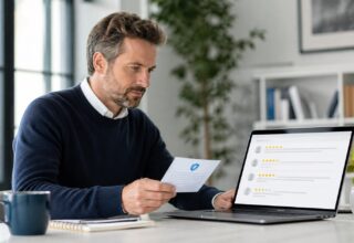 Service business owner reviewing customer feedback beside a clear review disclosure note