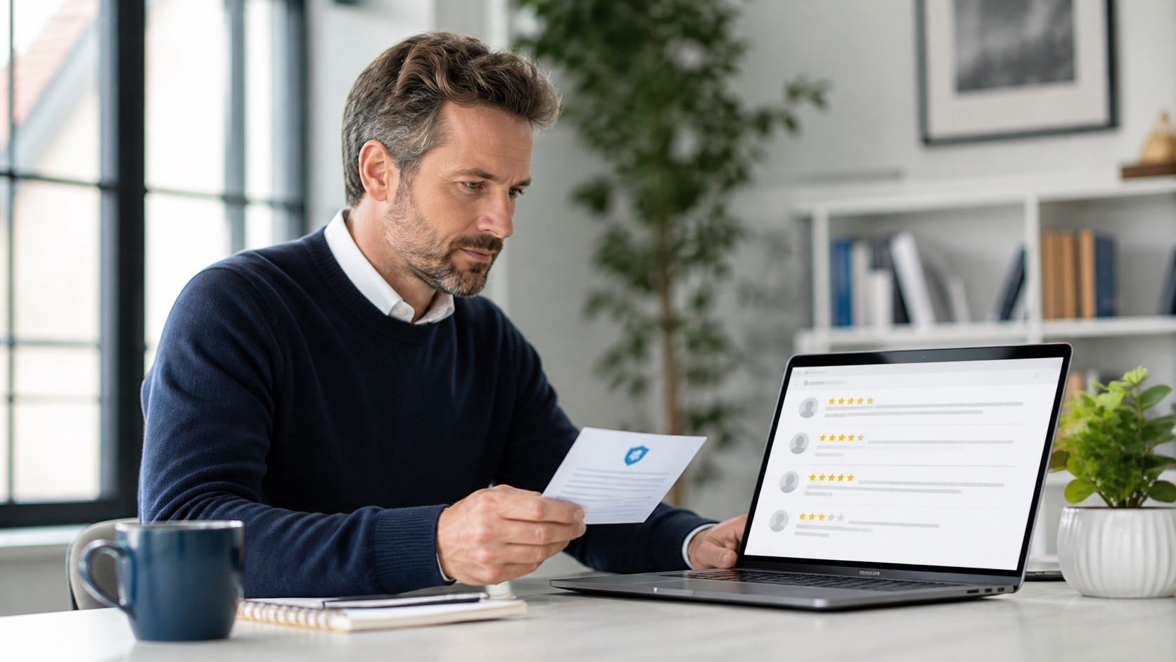 Customer Reviews: How to Ask Honestly and Keep Trust 1 Service business owner reviewing customer feedback beside a clear review disclosure note