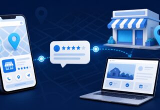 Illustration of a local business being discovered through maps, customer reviews and a clear website
