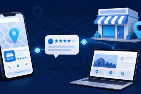 Illustration of a local business being discovered through maps, customer reviews and a clear website