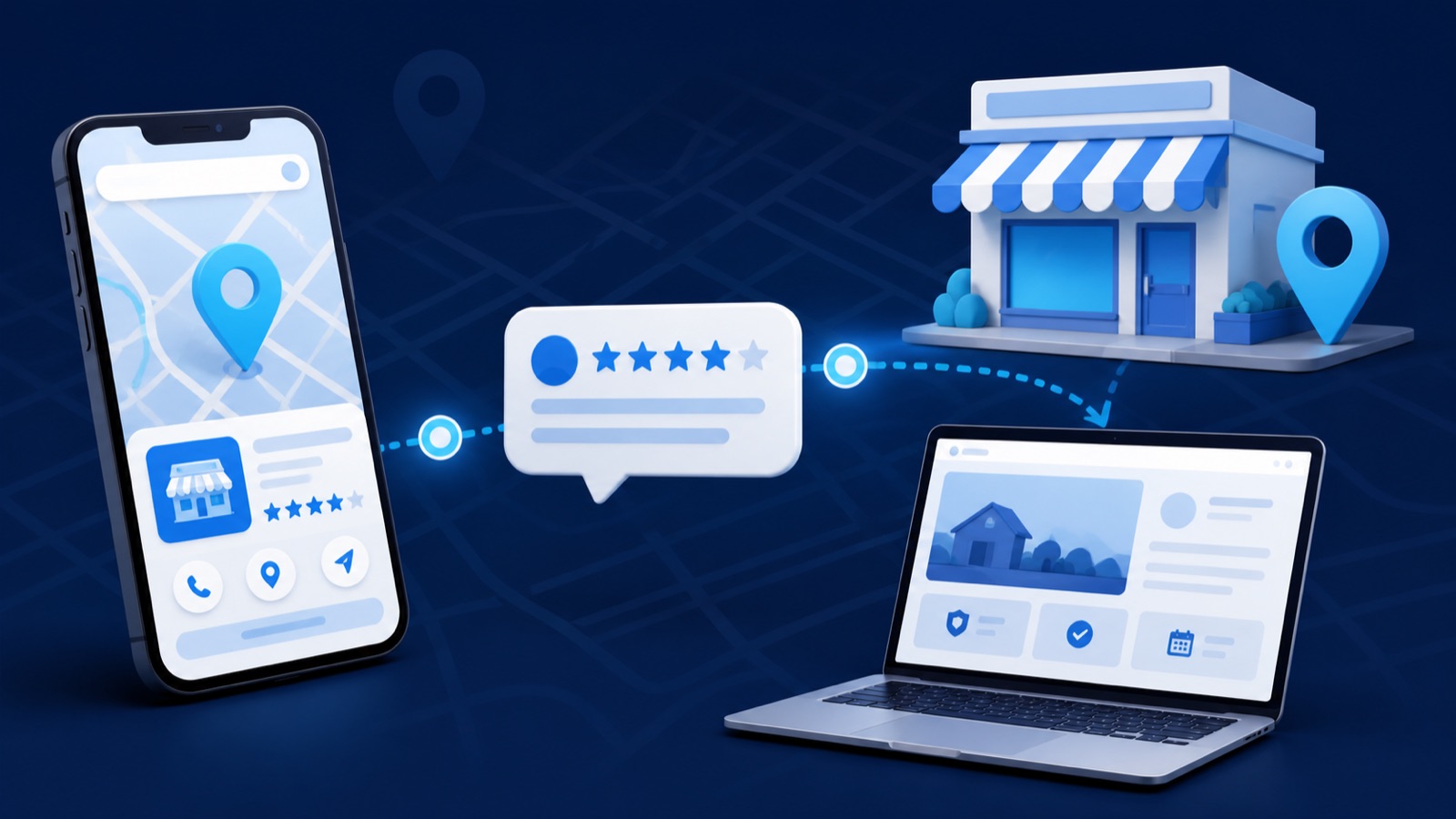 Local Discovery Is a Proof Problem, Not a Ranking Problem 1 Illustration of a local business being discovered through maps, customer reviews and a clear website