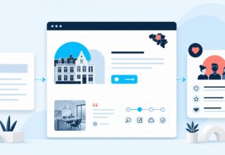 Illustration of a service website combining project evidence, customer proof and a clear next step after an AI answer