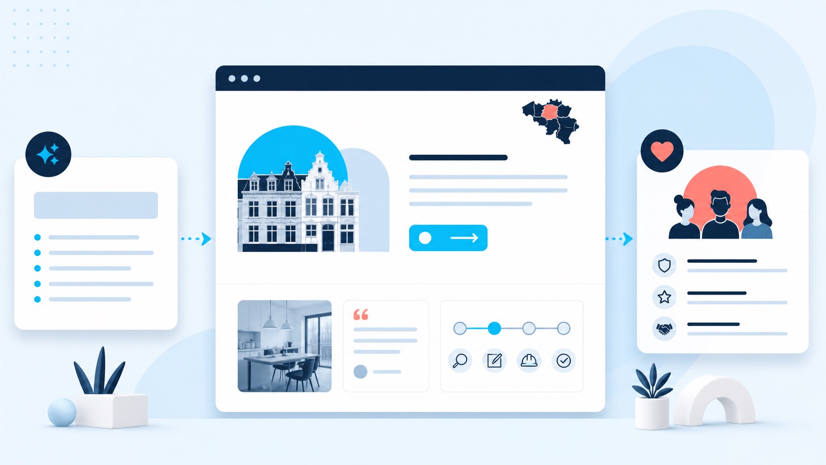 Illustration of a service website combining project evidence, customer proof and a clear next step after an AI answer