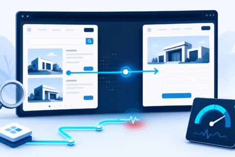 Illustration of a service website route transition with a Core Web Vitals performance diagnostic