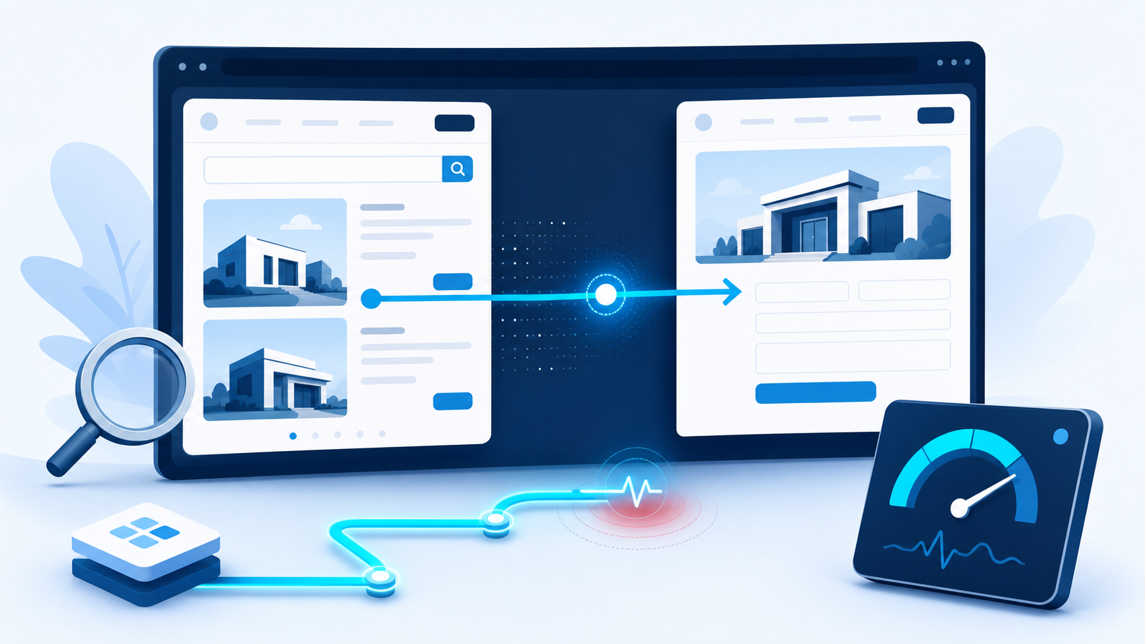 Illustration of a service website route transition with a Core Web Vitals performance diagnostic