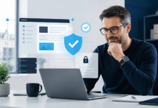 Website manager checking a secure WordPress update on a laptop