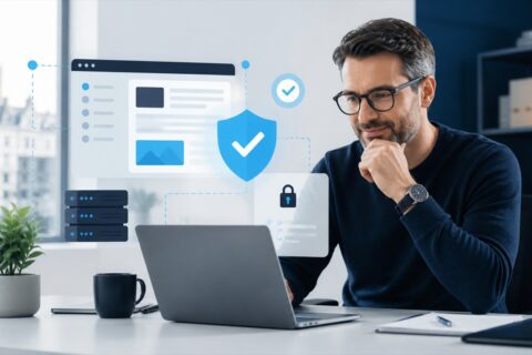 Website manager checking a secure WordPress update on a laptop