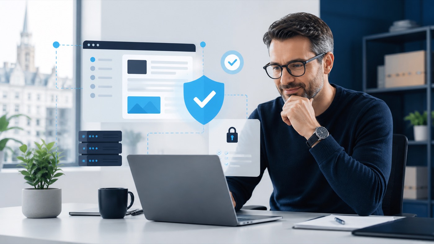 Website manager checking a secure WordPress update on a laptop