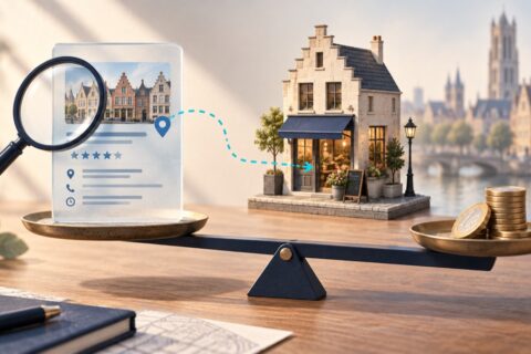 A business directory profile and coins balanced beside a model Belgian shop, illustrating the cost of turning visibility into customers