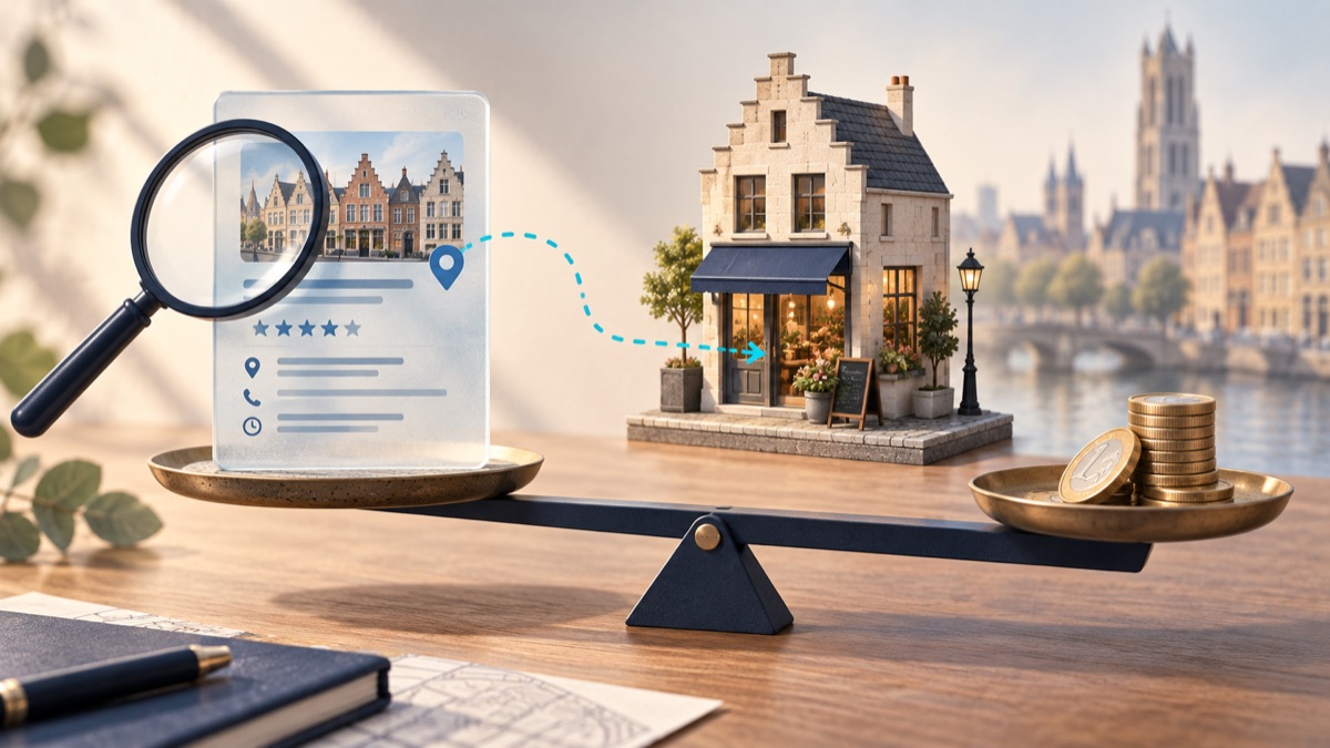 A business directory profile and coins balanced beside a model Belgian shop, illustrating the cost of turning visibility into customers