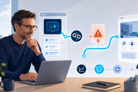 Website owner tracing an AI-referred broken link through a 404 checkpoint to a helpful service page