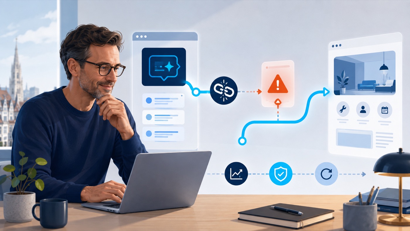 AI-Invented 404s: Recover the Customer Journey 1 Website owner tracing an AI-referred broken link through a 404 checkpoint to a helpful service page