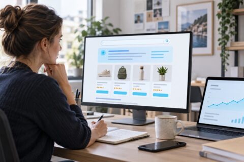 Ecommerce manager reviewing shopping ad performance alongside an AI answer panel and conversion analytics
