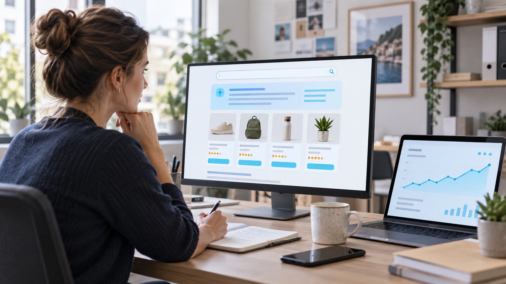 Ecommerce manager reviewing shopping ad performance alongside an AI answer panel and conversion analytics