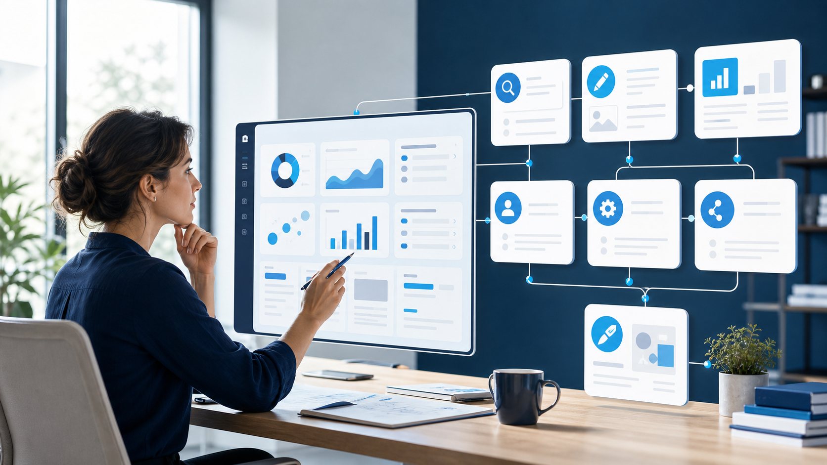 Marketing strategist comparing AI tools for research, content, analytics, CRM, automation and social media