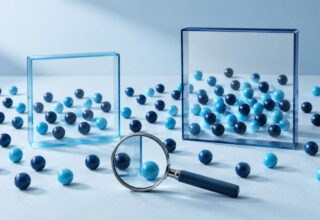 Two differently sized glass frames select navy and cyan spheres from one shared field, illustrating different AI visibility samples