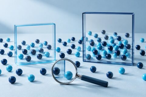 Two differently sized glass frames select navy and cyan spheres from one shared field, illustrating different AI visibility samples
