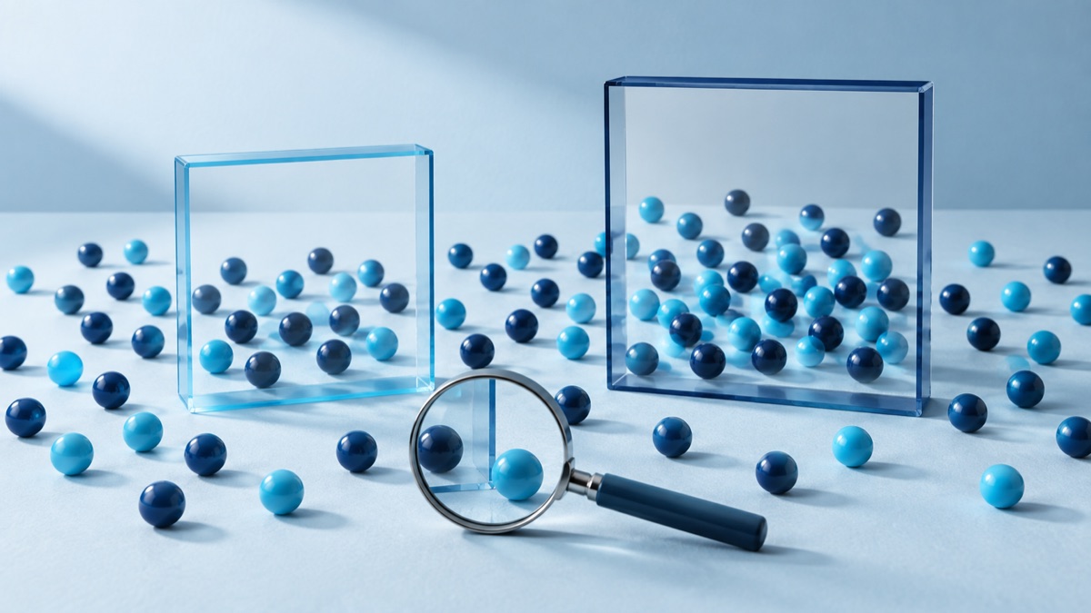 Two differently sized glass frames select navy and cyan spheres from one shared field, illustrating different AI visibility samples