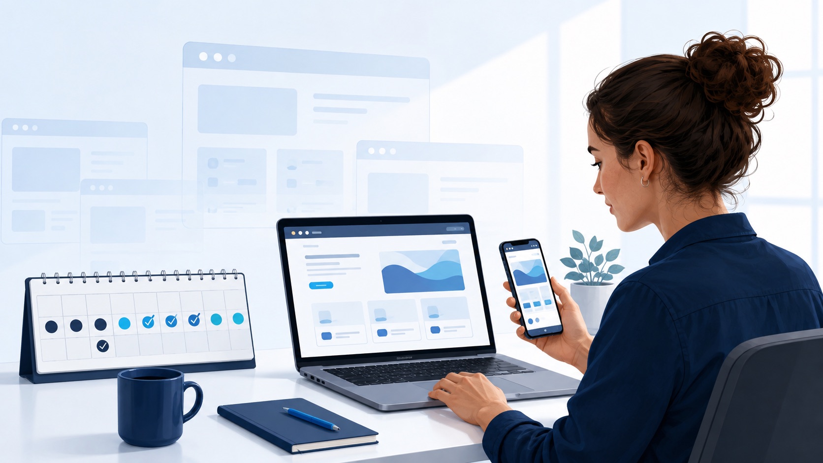 Chrome’s Two-Week Releases: A Website QA Routine 1 Website professional testing a business site on laptop and smartphone beside a two-week release calendar