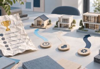 Three architectural models reached by paths marked with time, cost and complexity tokens, beside a discarded trophy ranking