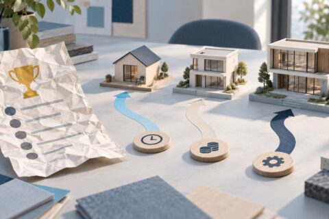 Three architectural models reached by paths marked with time, cost and complexity tokens, beside a discarded trophy ranking