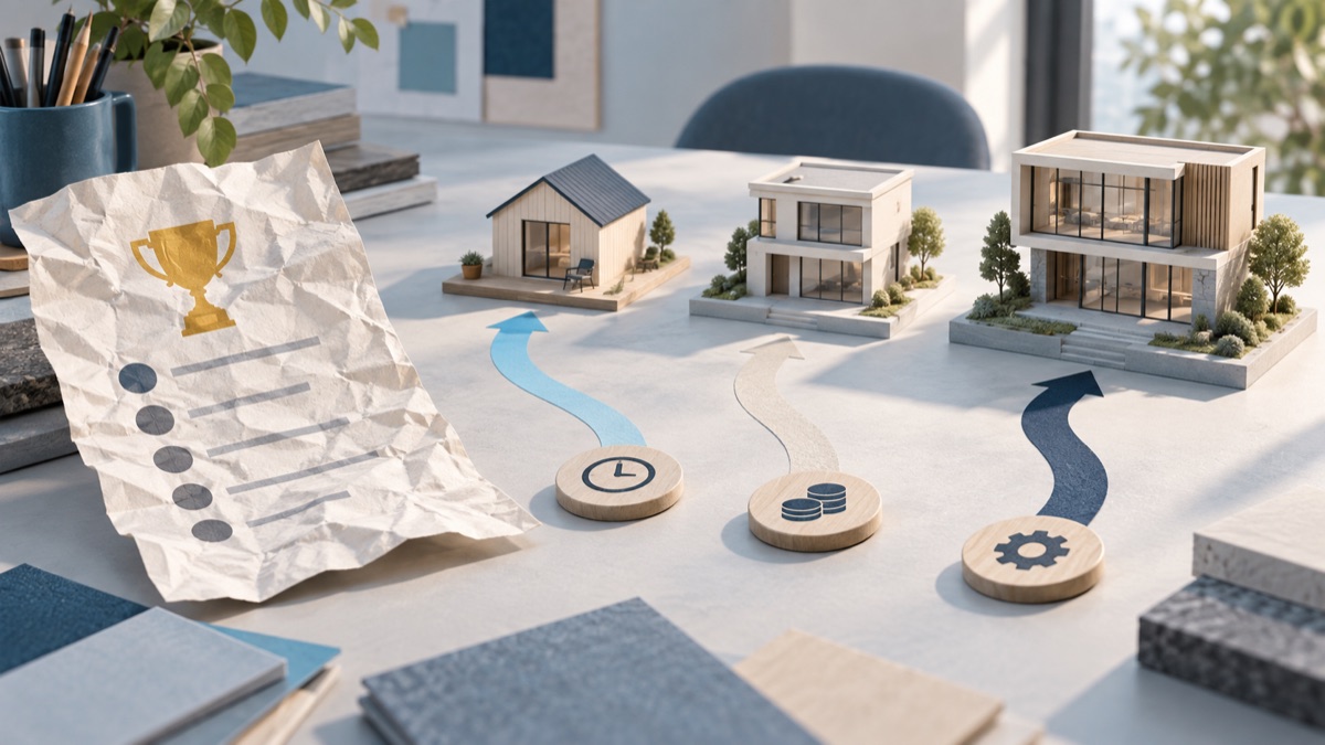 Three architectural models reached by paths marked with time, cost and complexity tokens, beside a discarded trophy ranking