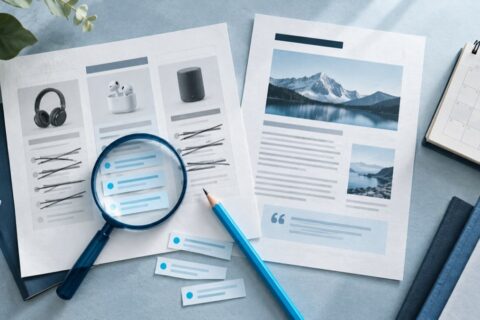 Magnifying glass highlights corrected claims on a comparison page while a timeless article and calendar remain aside