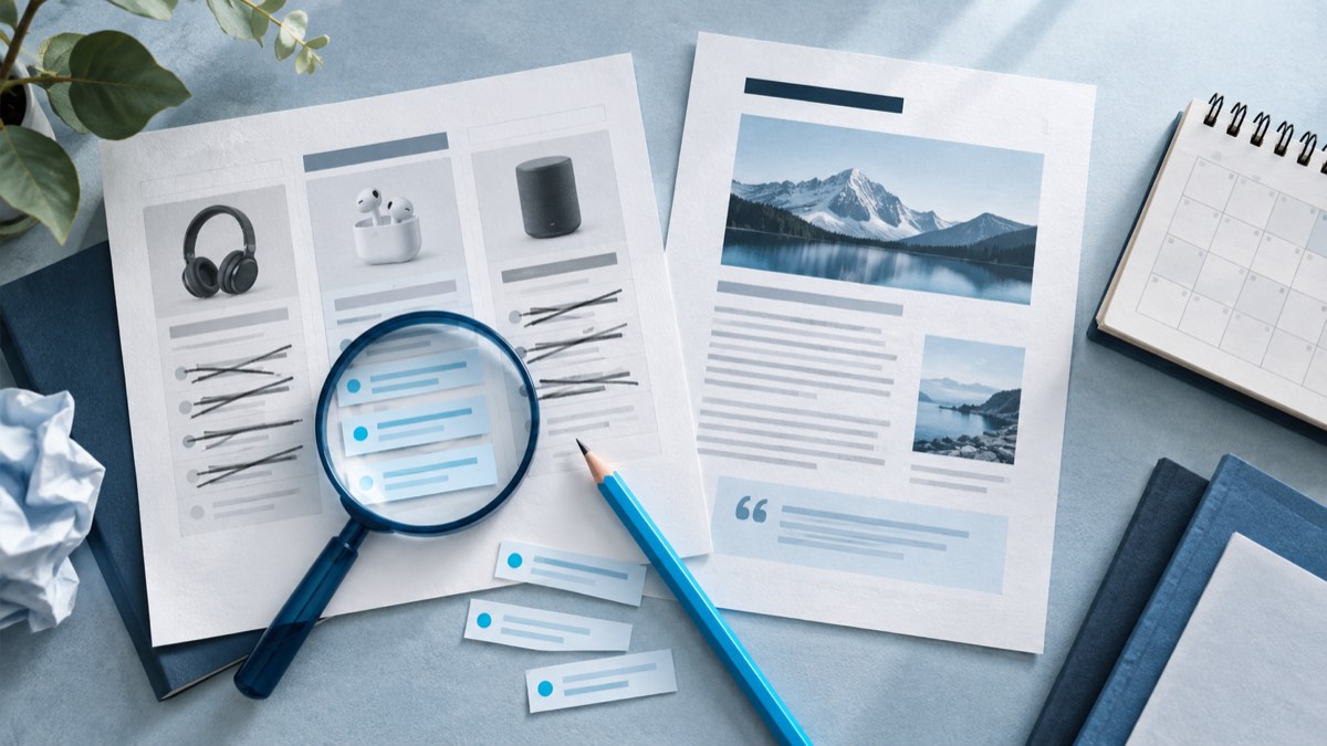 Content Refresh for AI Search: Which Pages Come First? 1 Magnifying glass highlights corrected claims on a comparison page while a timeless article and calendar remain aside