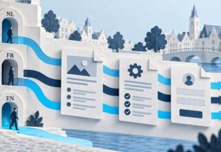 Dutch, French and English entryways connect through service and proof pages to a completed enquiry in a paper-cut Belgian city