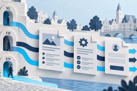 Dutch, French and English entryways connect through service and proof pages to a completed enquiry in a paper-cut Belgian city