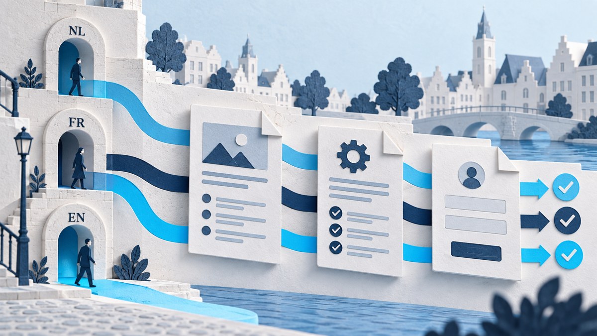 Multilingual SEO: Translate the Buying Journey First 1 Dutch, French and English entryways connect through service and proof pages to a completed enquiry in a paper-cut Belgian city