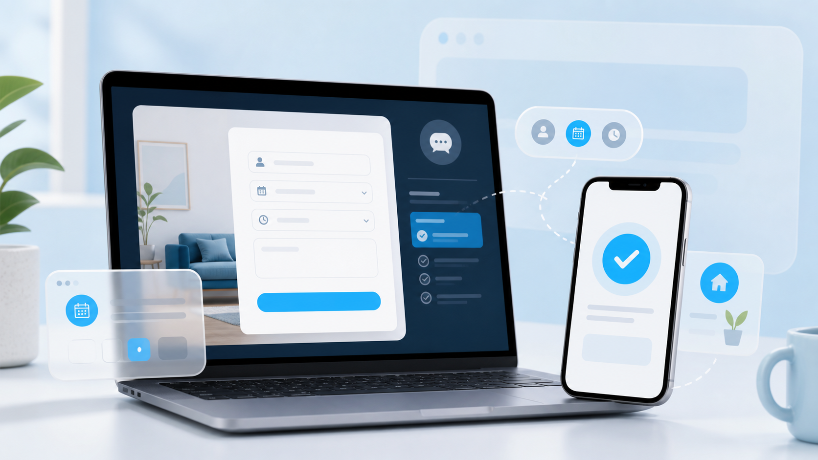 WebMCP: Can a Browser Assistant Complete Your Form? 1 Illustration of a clear service booking form on a laptop and mobile confirmation screen for agent-assisted browsing