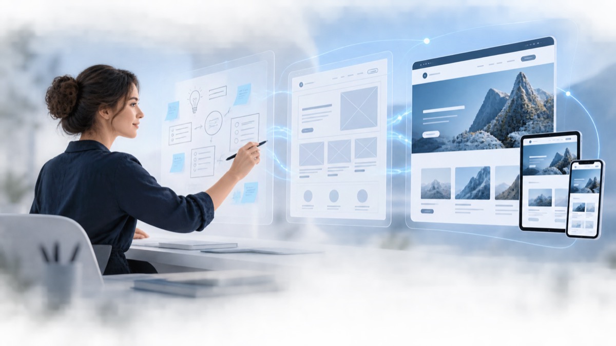 How AI-Assisted Website Creation Works: A Practical Guide 1 Designer moving from website strategy notes to responsive website design