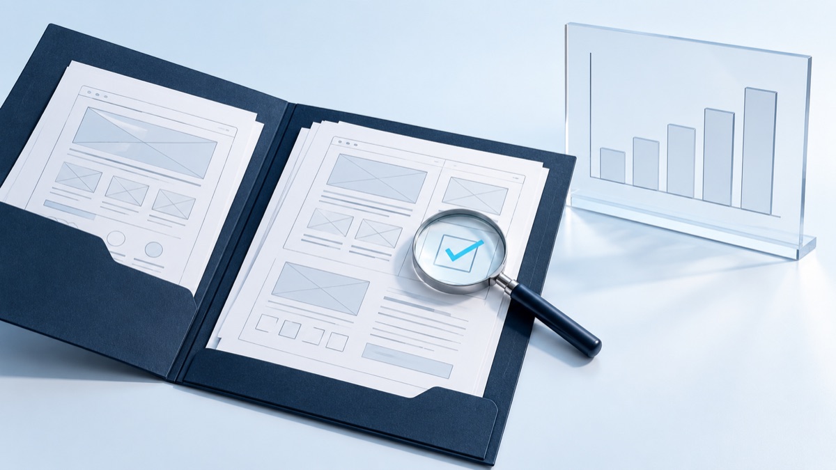Case Studies for SEO: Prove the Work, Not a Made-Up Win 1 A magnifying glass checks website plans in a navy folder beside a separate transparent chart