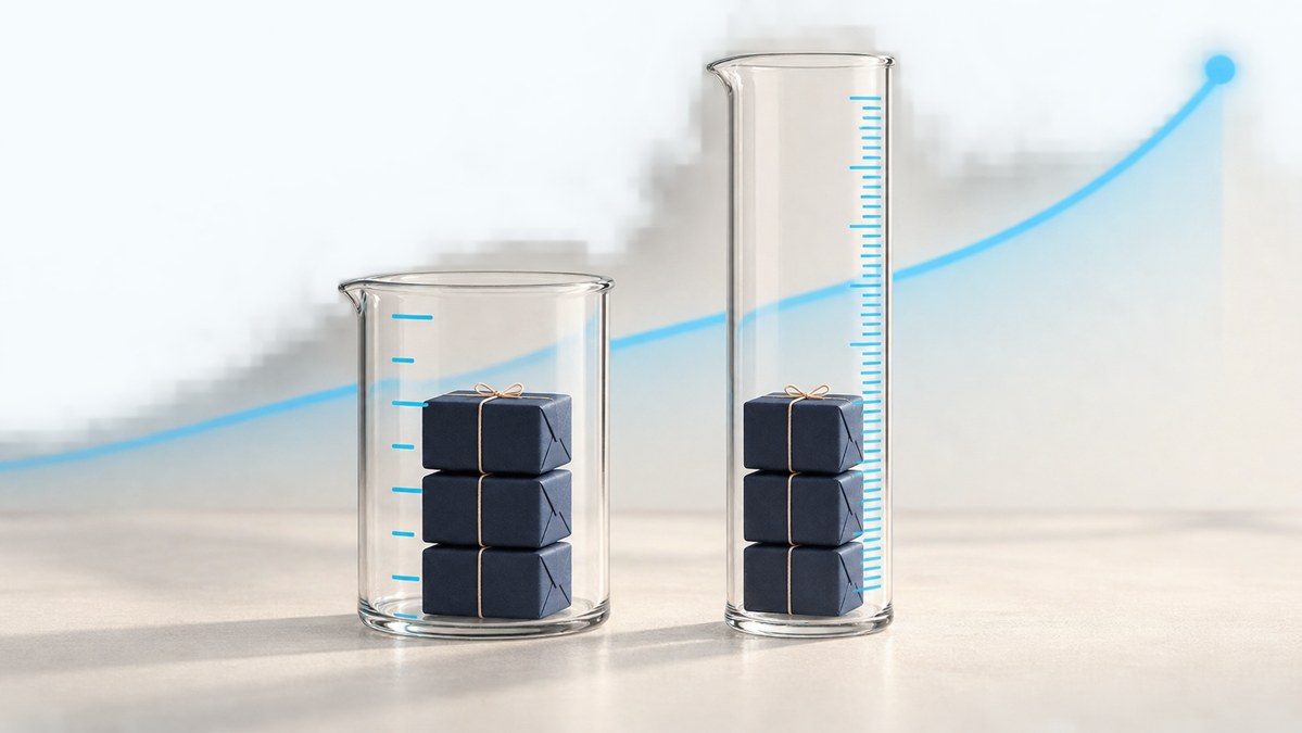 Shopify Conversion Rate Changed? Check the New Baseline 1 Two differently scaled glass vessels each hold three navy parcels beneath a rising cyan curve